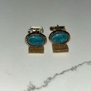Embassy Aqua Art Glass Cabochon Gold Tone Mesh Cufflinks Turquoise